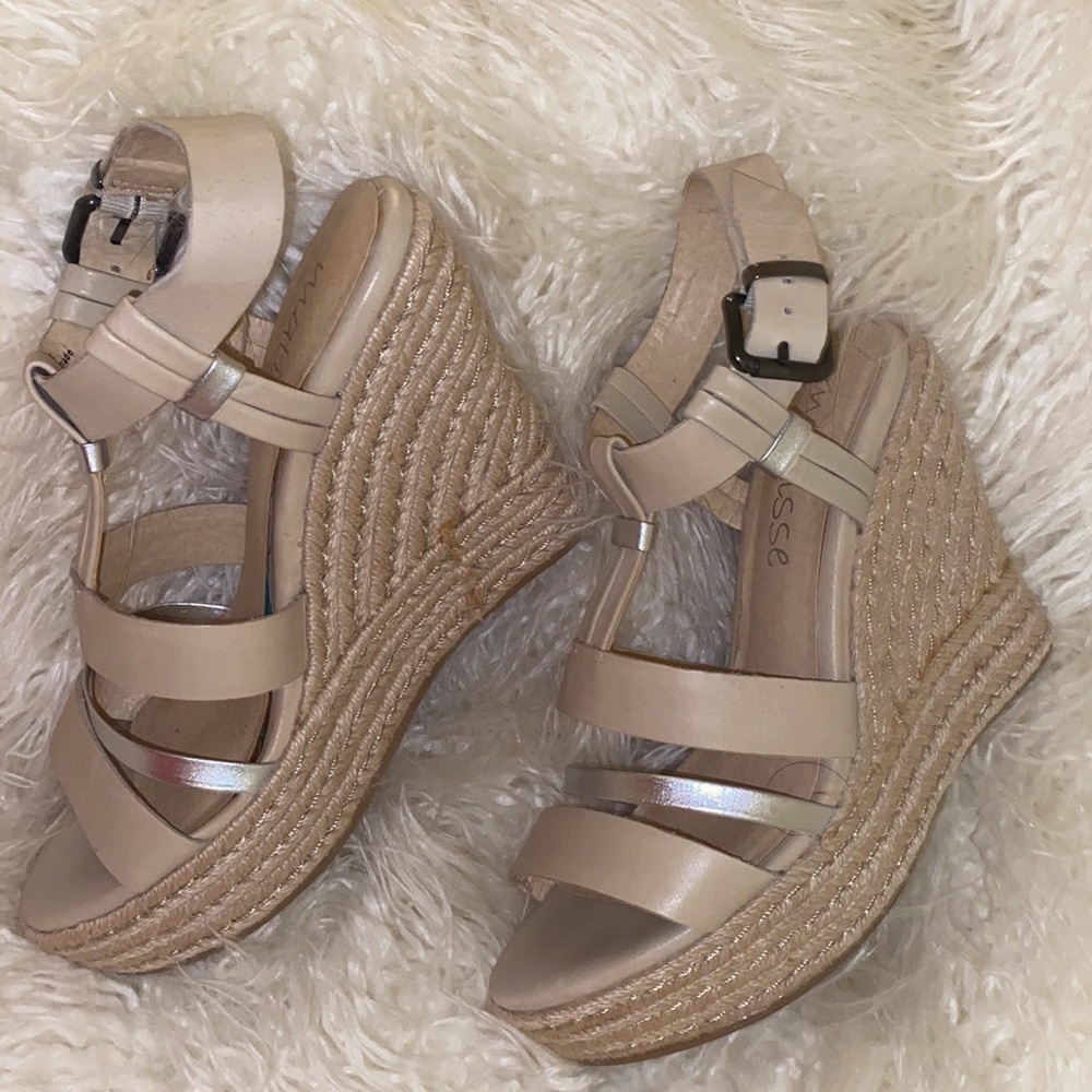Beautiful Tan and Silver Leather Platform. Tiny rope details. Brand: Marisa. S-6